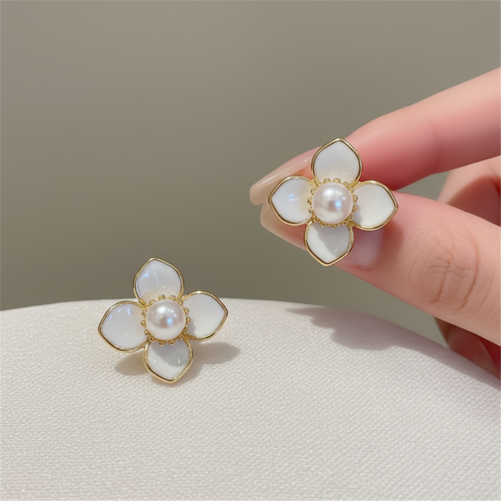 Elegant Gold and White Flower Earrings