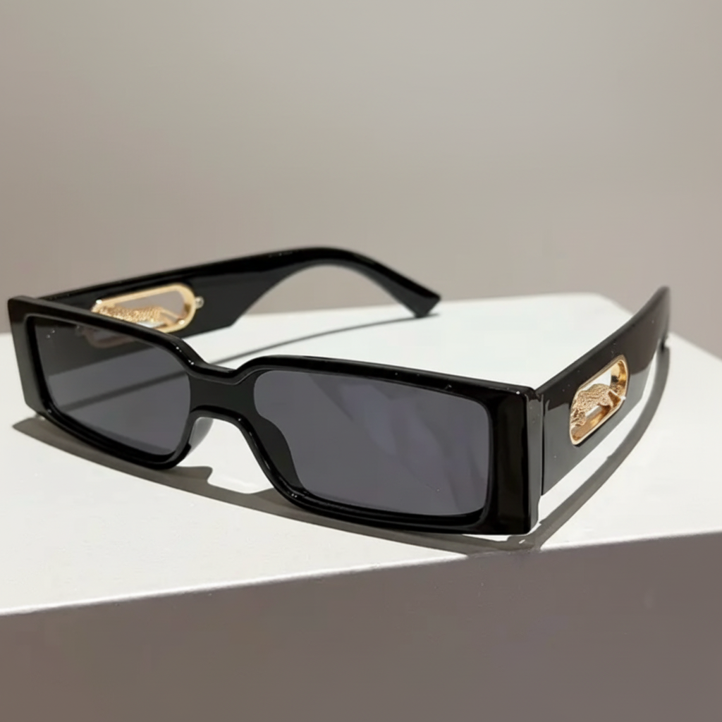 Black Rectangular Sunglasses with Gold Accents