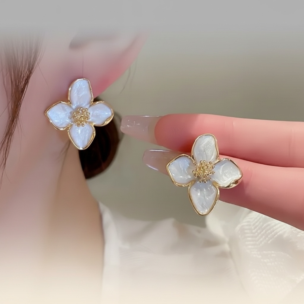 Elegant Gold and White Flower Earrings